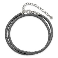 Sterling Silver Reflections Rhodium-plated Braided Grey Leather Bracelet with 2 Inch Extension Choker Wrap, 14" view 4