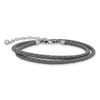 Sterling Silver Reflections Rhodium-plated Braided Grey Leather Bracelet with 2 Inch Extension Choker Wrap, 14" view 5