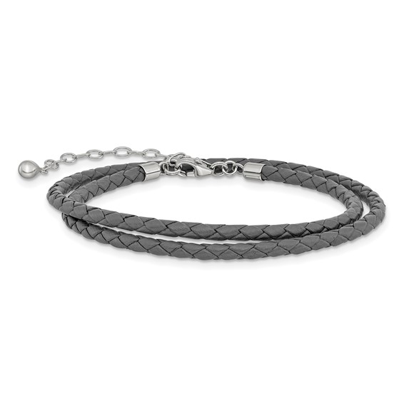 Sterling Silver Reflections Gray Leather Rhodium-plated 14 inch with a 2 inch extention Choker/Wrap Bracelet