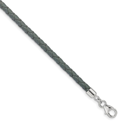 Sterling Silver Reflections Rhodium-plated Braided Grey Leather Bracelet with 2 Inch Extension Choker Wrap, 14"