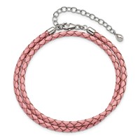 Sterling Silver Reflections Rhodium-plated Braided Pink Leather Bracelet with 2 Inch Extension Choker Wrap, 14" view 4