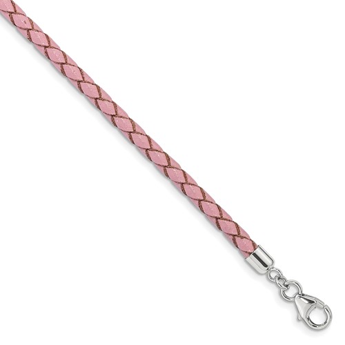 Sterling Silver Reflections Rhodium-plated Braided Pink Leather Bracelet with 2 Inch Extension Choker Wrap, 14"