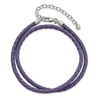 Sterling Silver Reflections Rhodium-plated Braided Purple Leather Bracelet with 2 Inch Extension Choker Wrap, 14" view 4