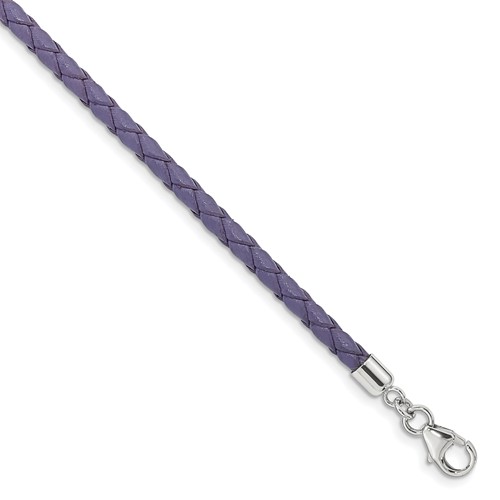 Sterling Silver Reflections Rhodium-plated Braided Purple Leather Bracelet with 2 Inch Extension Choker Wrap, 14"