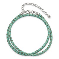Sterling Silver Reflections Rhodium-plated Braided Teal Leather Bracelet with 2 Inch Extension Choker Wrap, 14" view 4