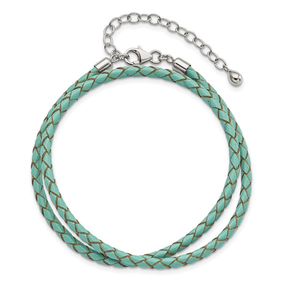 Sterling Silver Reflections Teal Leather Rhodium-plated 14 inch with a 2 inch extention Choker/Wrap Bracelet