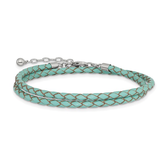 Sterling Silver Reflections Teal Leather Rhodium-plated 14 inch with a 2 inch extention Choker/Wrap Bracelet