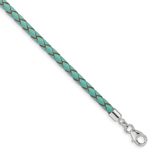 Sterling Silver Reflections Rhodium-plated Braided Teal Leather Bracelet with 2 Inch Extension Choker Wrap, 14"
