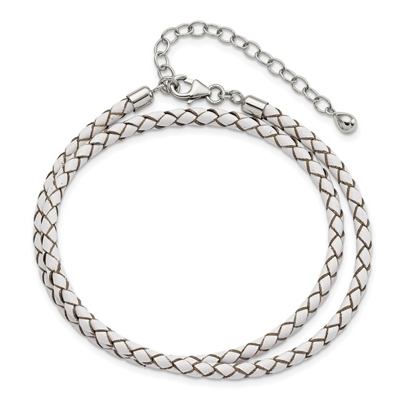 Sterling Silver Reflections White Leather Rhodium-plated 14 inch with a 2 inch extention Choker/Wrap Bracelet