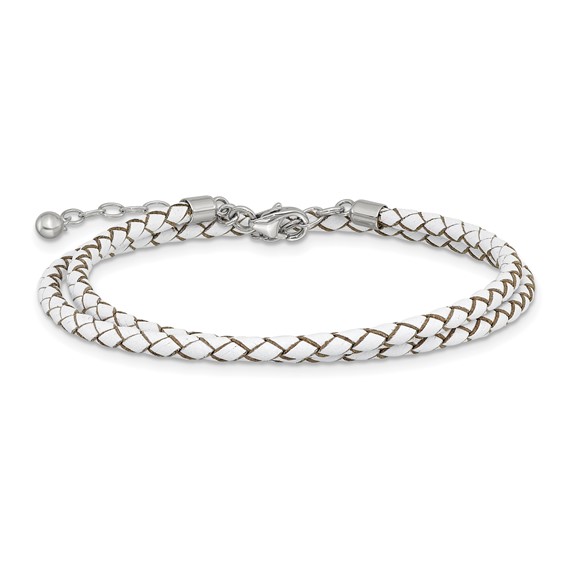 Sterling Silver Reflections White Leather Rhodium-plated 14 inch with a 2 inch extention Choker/Wrap Bracelet