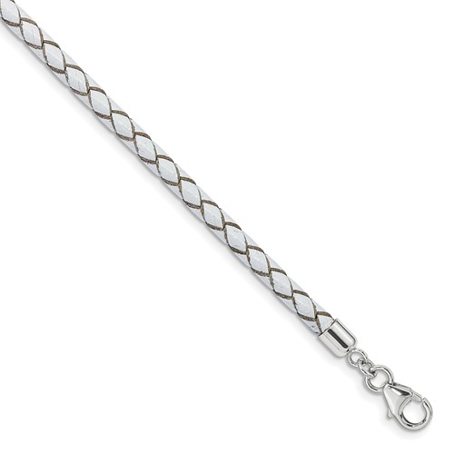 Sterling Silver Reflections Rhodium-plated Braided White Leather Bracelet with 2 Inch Extension Choker Wrap, 14"
