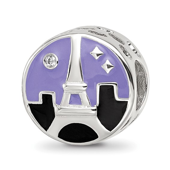 Sterling Silver Reflections Rhodium-plated CZ Eiffel Tower Scene Bead