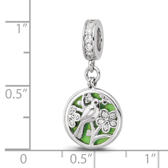 SS Reflections Rhod-plated CZ Enamel Bird/Flower 2-piece Dangle Bead