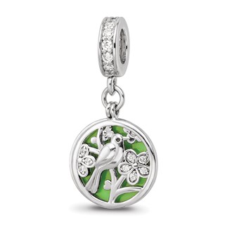 SS Reflections Rhod-plated CZ Enamel Bird/Flower 2-piece Dangle Bead