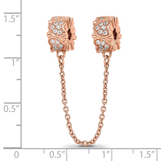 Sterling Silver Reflections Rose Gold-plated CZ Security Chain Heart Beads