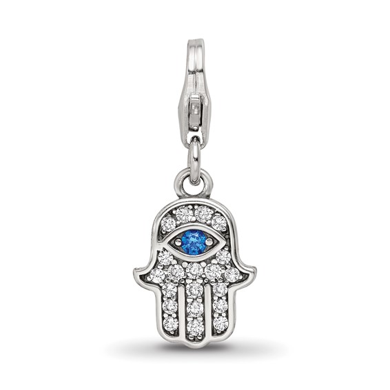 SS Reflections Rhod-plated CZ & Blue Spinel Hamsa/Chamseh Click-On Bead