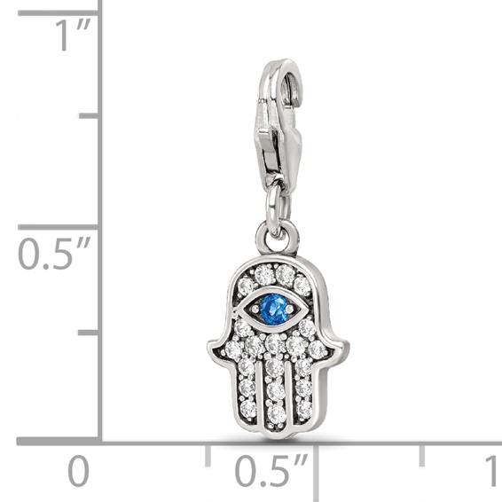 SS Reflections Rhod-plated CZ & Blue Spinel Hamsa/Chamseh Click-On Bead