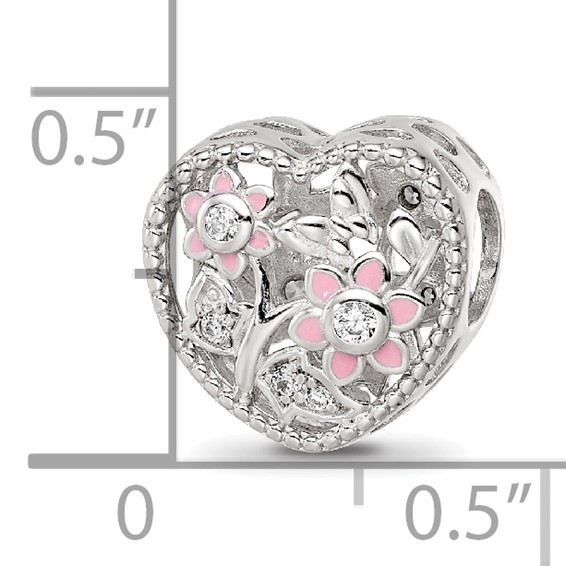 Sterling Silver Reflections Rhod-plated Enamel CZ Heart Shaped Bead
