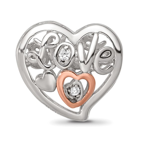Sterling Silver Reflections Rhodium and Rose Gold-plated CZ Love Heart Shaped Bead