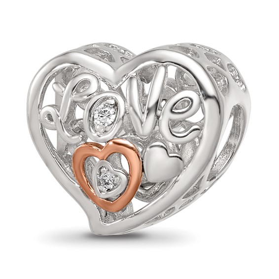 Sterling Silver Reflections Rhodium and Rose Gold-plated CZ Love Heart Shaped Bead