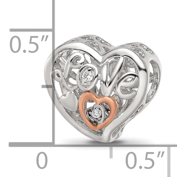 Sterling Silver Reflections Rhodium and Rose Gold-plated CZ Love Heart Shaped Bead