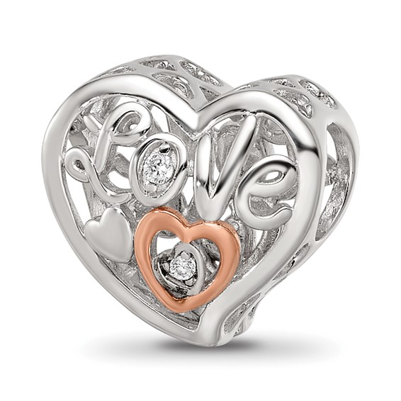 Sterling Silver Reflections Rhodium and Rose Gold-plated CZ Love Heart Shaped Bead