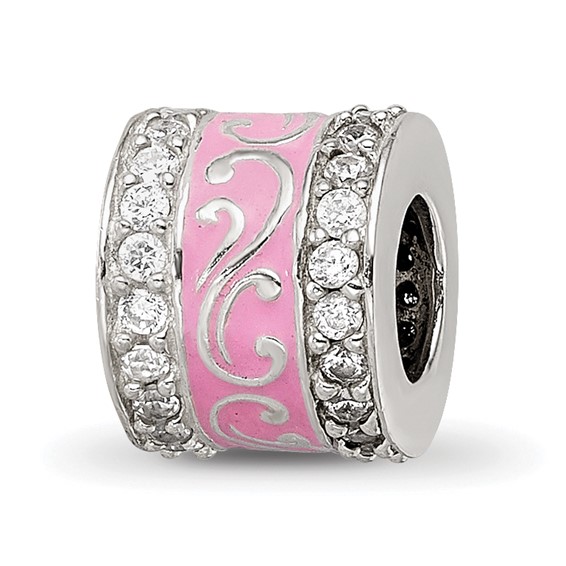 Sterling Silver Reflections Pink Enamel CZ Swirl Design Bead