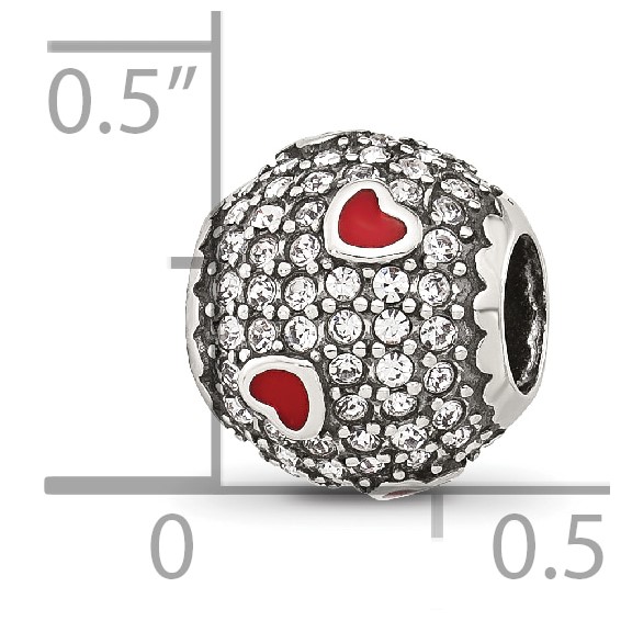 Sterling Silver Reflections CZ and Red Enamel Heart Round Bead