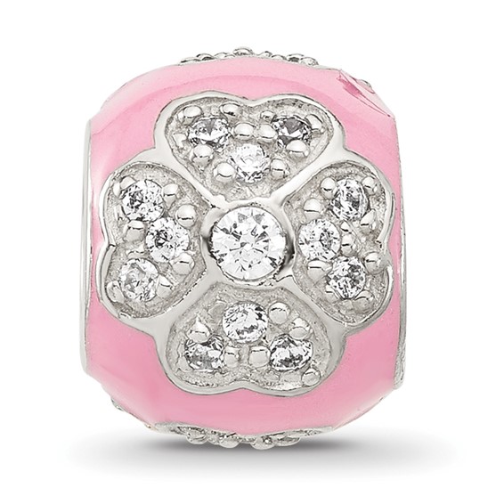 Sterling Silver Reflections CZ Pink Enameled Round Floral Bead