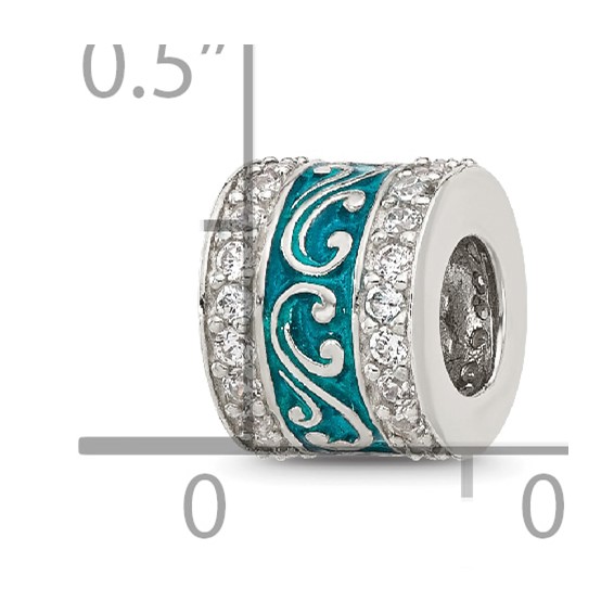 Sterling Silver Reflections Polished CZ Teal Enameled Scroll Bead