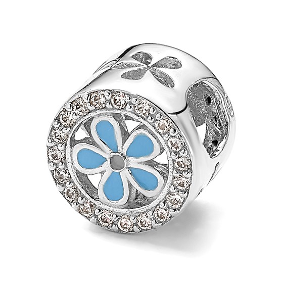 Sterling Silver Reflections CZ and Light Blue Enamel Flower Circle Bead