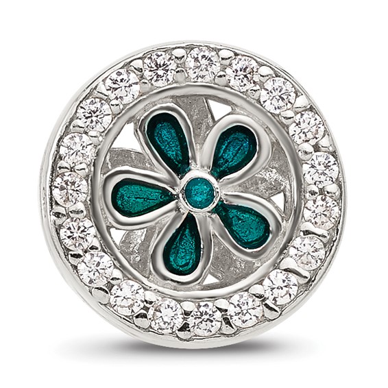Sterling Silver Reflections Polished CZ and Teal Enamel Flower Circle Bead