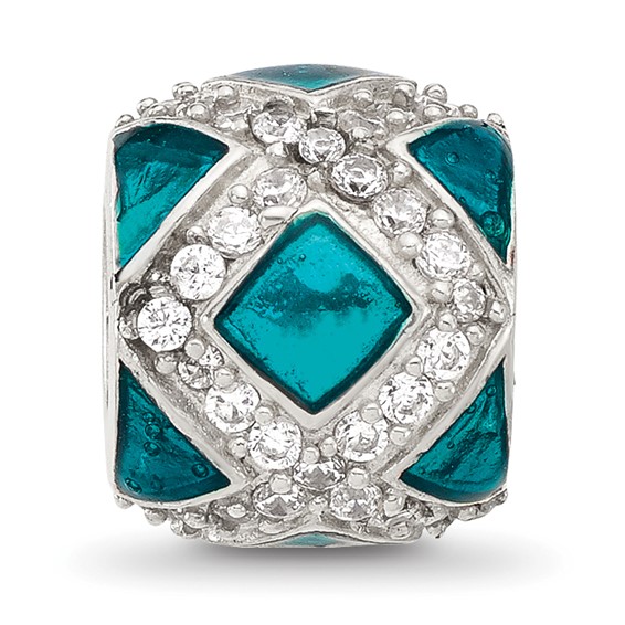 Sterling Silver Reflections CZ Teal Enameled Fancy Bead