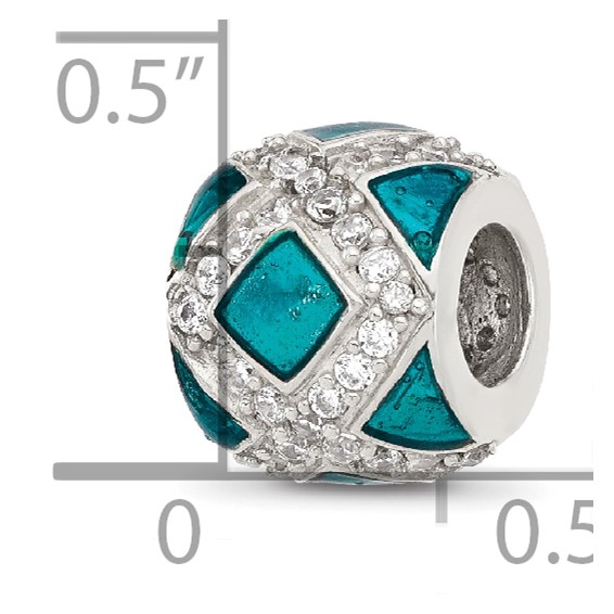 Sterling Silver Reflections CZ Teal Enameled Fancy Bead