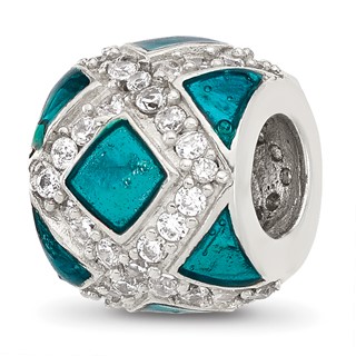 Sterling Silver Reflections CZ Teal Enameled Fancy Bead