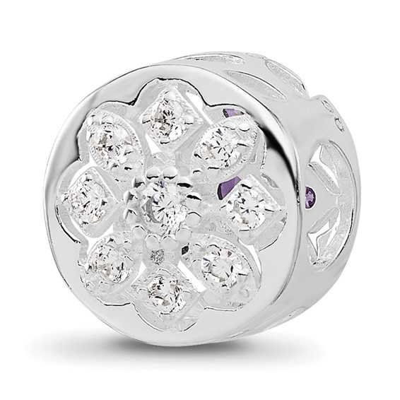 Sterling Silver Reflections Rh-plated Purple/Clear CZ Floral Reverse Bead