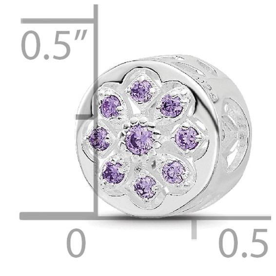Sterling Silver Reflections Rh-plated Purple/Clear CZ Floral Reverse Bead