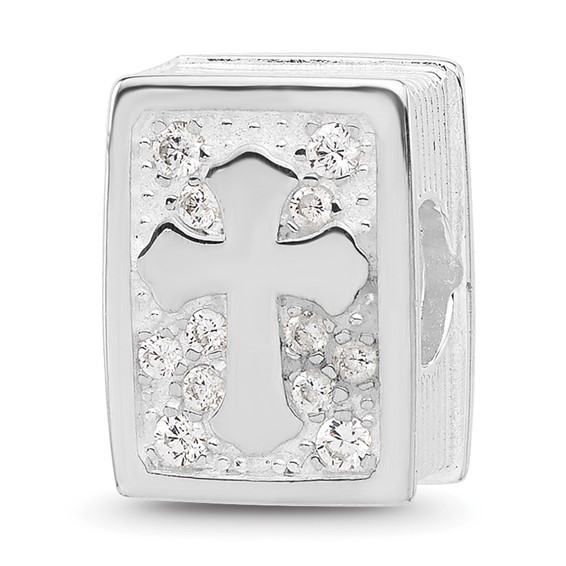 SS Reflections RH-plated Enamel &CZ Cross Jesus Loves You Square Bead