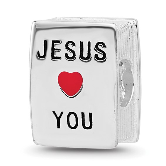 SS Reflections RH-plated Enamel &CZ Cross Jesus Loves You Square Bead