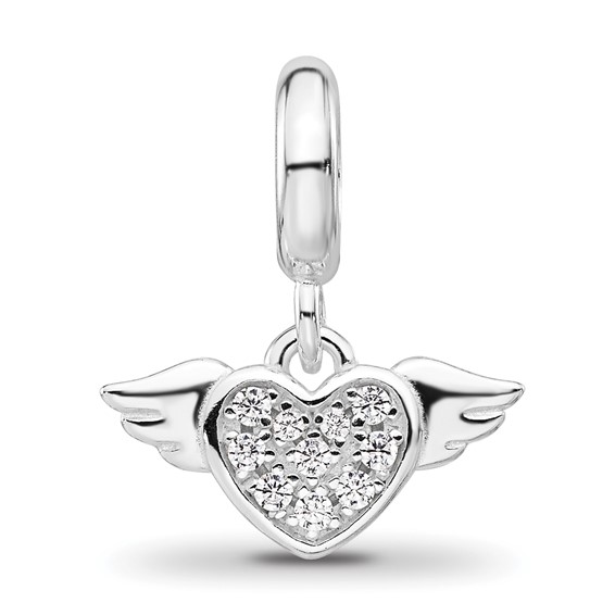 Sterling Silver Reflections Rh-plated CZ Heart with Wings Dangle Bead