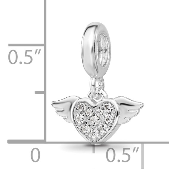 Sterling Silver Reflections Rh-plated CZ Heart with Wings Dangle Bead