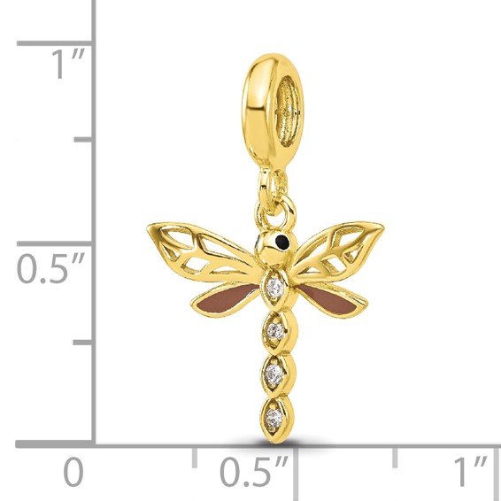 Sterling Silver Reflections Gold-plated CZ and Enamel Dragonfly Dangle Bead