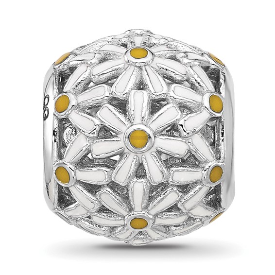 Sterling Silver Reflections Rhodium-plated Enameled Daisys Bead