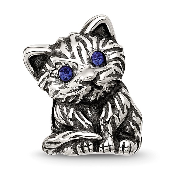 Sterling Silver Reflections Antiqued Cat With Blue Crystals Bead