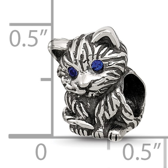 Sterling Silver Reflections Antiqued Cat With Blue Crystals Bead