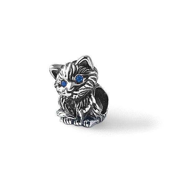Sterling Silver Reflections Antiqued Cat With Blue Crystals Bead