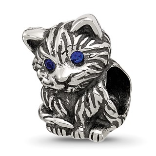 Sterling Silver Reflections Antiqued Cat With Blue Crystals Bead