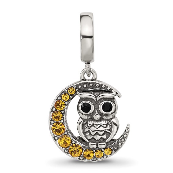 Sterling Silver Reflections Crystal Owl Sitting On Moon Dangle Bead