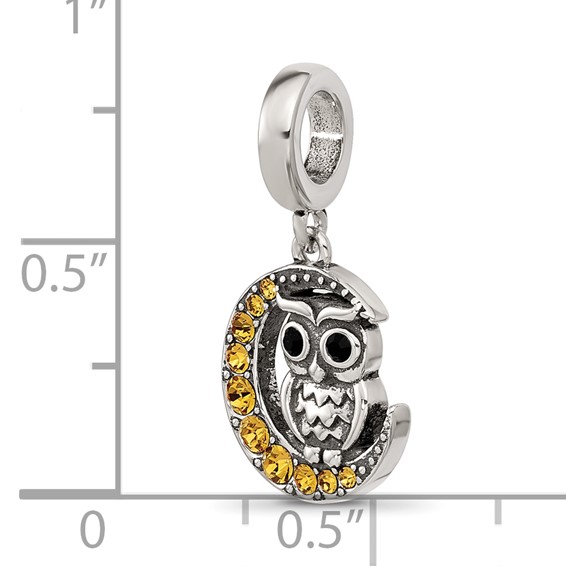 Sterling Silver Reflections Crystal Owl Sitting On Moon Dangle Bead