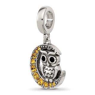 Sterling Silver Reflections Crystal Owl Sitting On Moon Dangle Bead